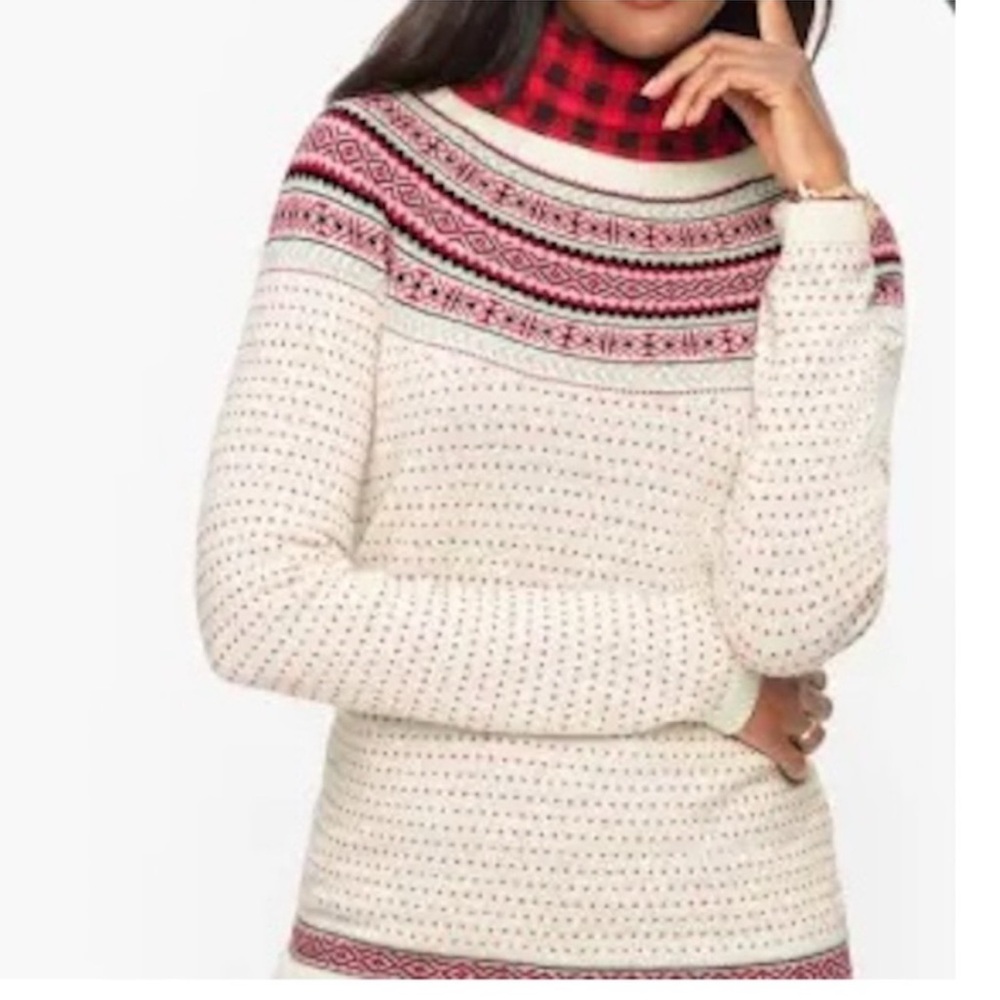Talbots Nordic Cream Red Crew Neck Fair Isle Wool Blend Hearts Sweater S
